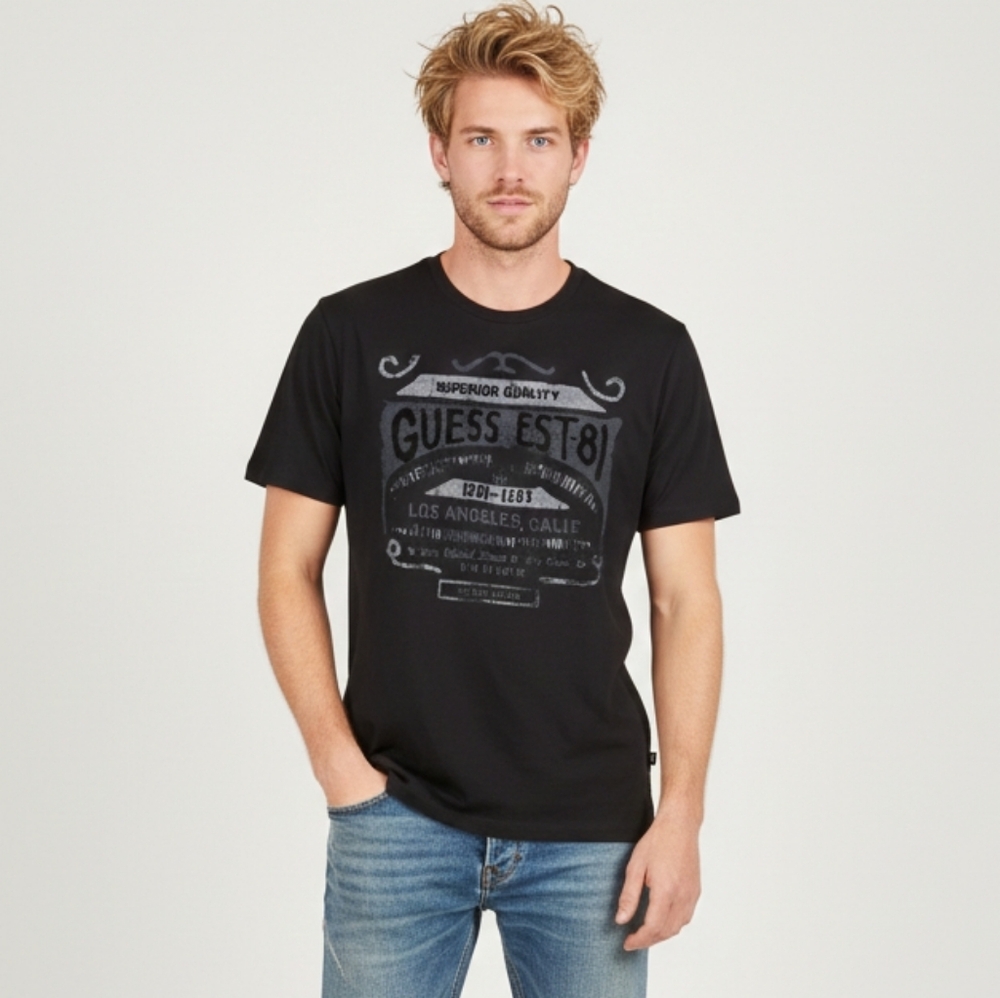 Guess Graphic Tee Distressed Vintage Style Black Velvet Mens Size Medium Tshirt